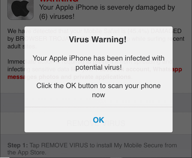 iPhone Virus Warning Popup