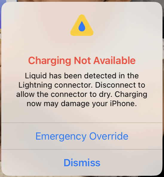 Charging Not Available Liquid Detected