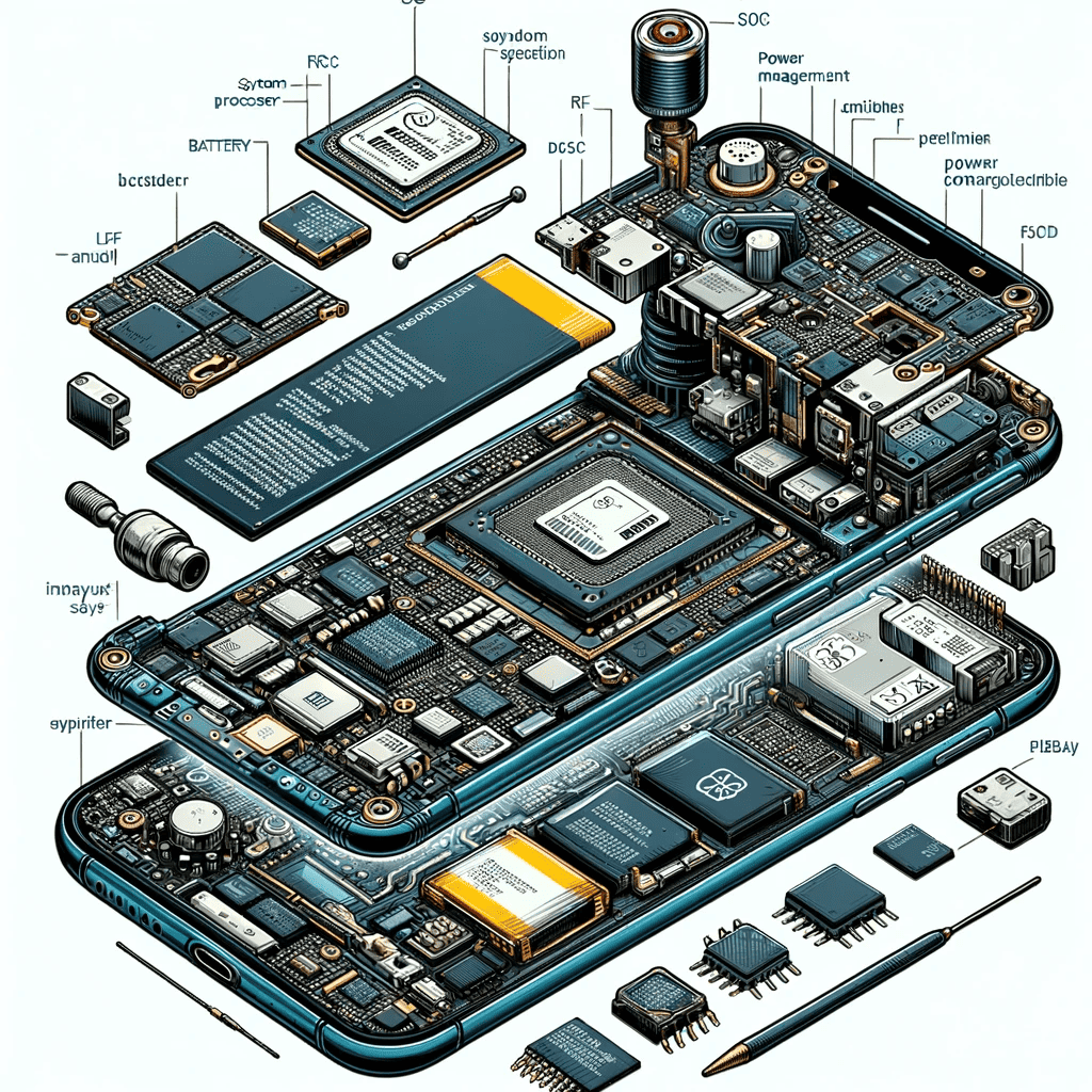 DALL·E 2024 01 13 13.24.59 A detailed illustration of the internal components of a smartphone. Include a circuit board with a system processor RF section power management syst