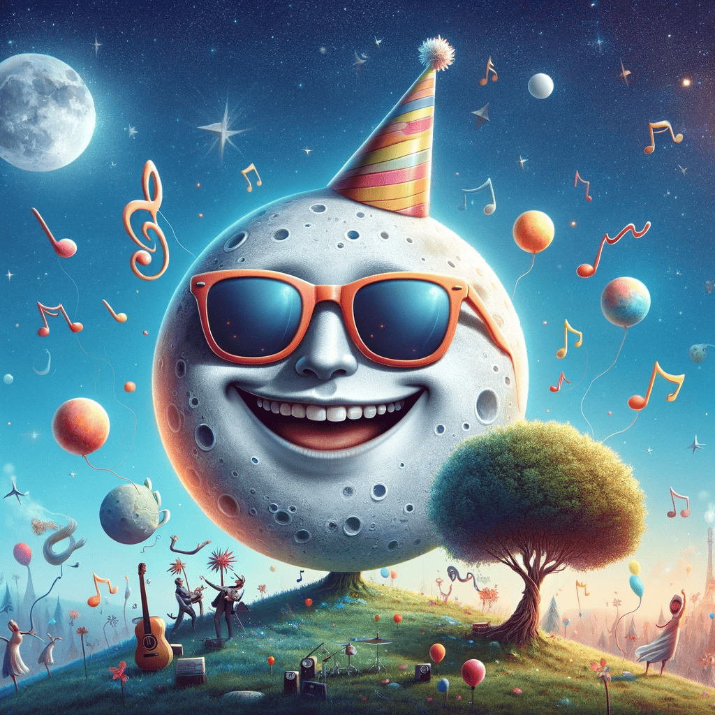 DALL·E 2024 01 20 00.32.46 A funny profile picture featuring a surreal landscape with a smiling moon wearing sunglasses and a party hat. The background is a starry night sky wit