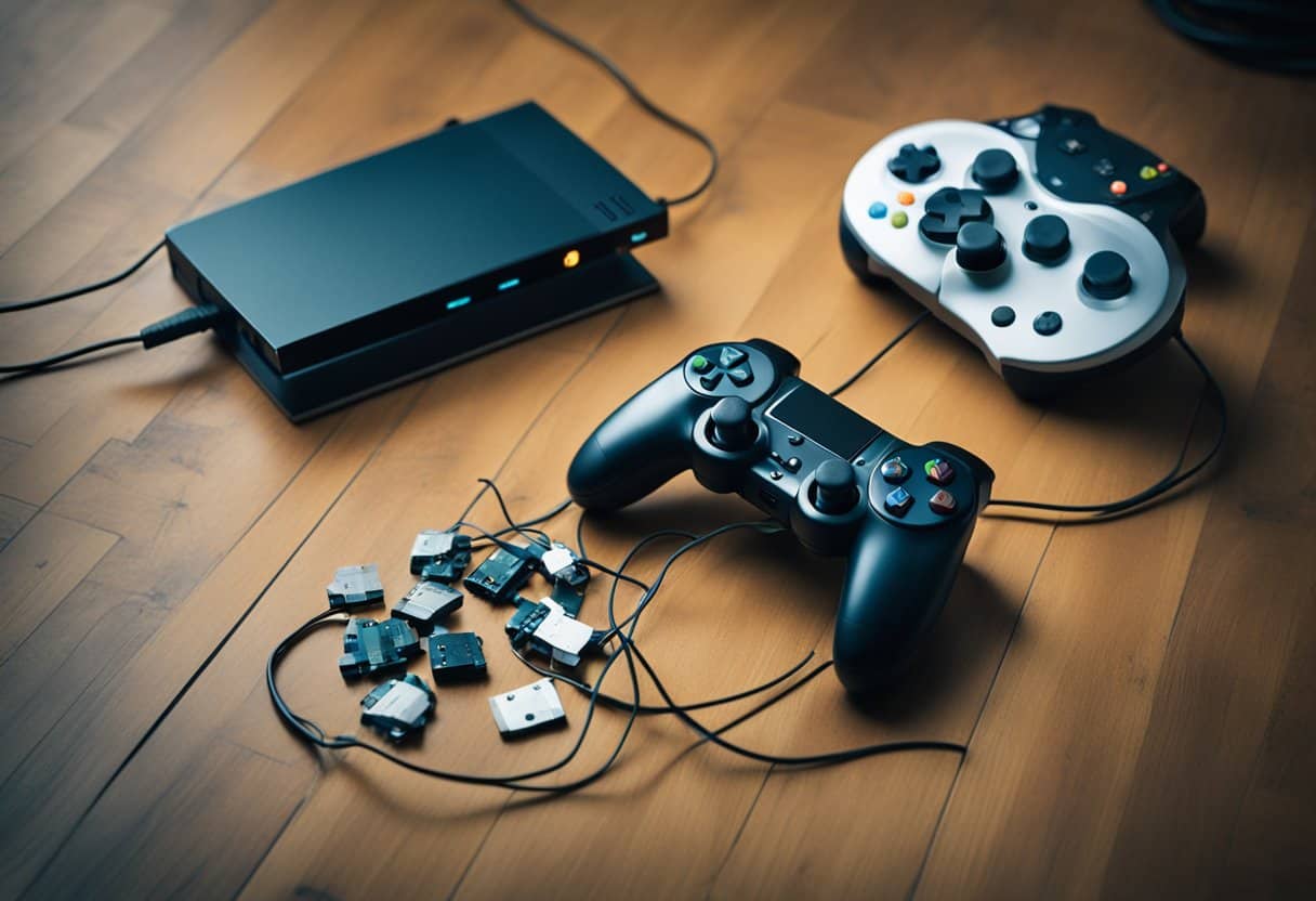 A broken video game controller lies on the floor next to a frustrated gamer. The controller is visibly damaged, with cracked plastic and exposed wires. The gamer is looking at the broken controller with a puzzled expression