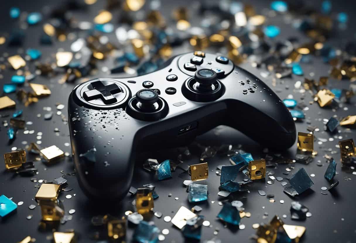 A controller lies shattered on the floor, surrounded by scattered pieces. A cracked screen and broken buttons illustrate the fragility of the device