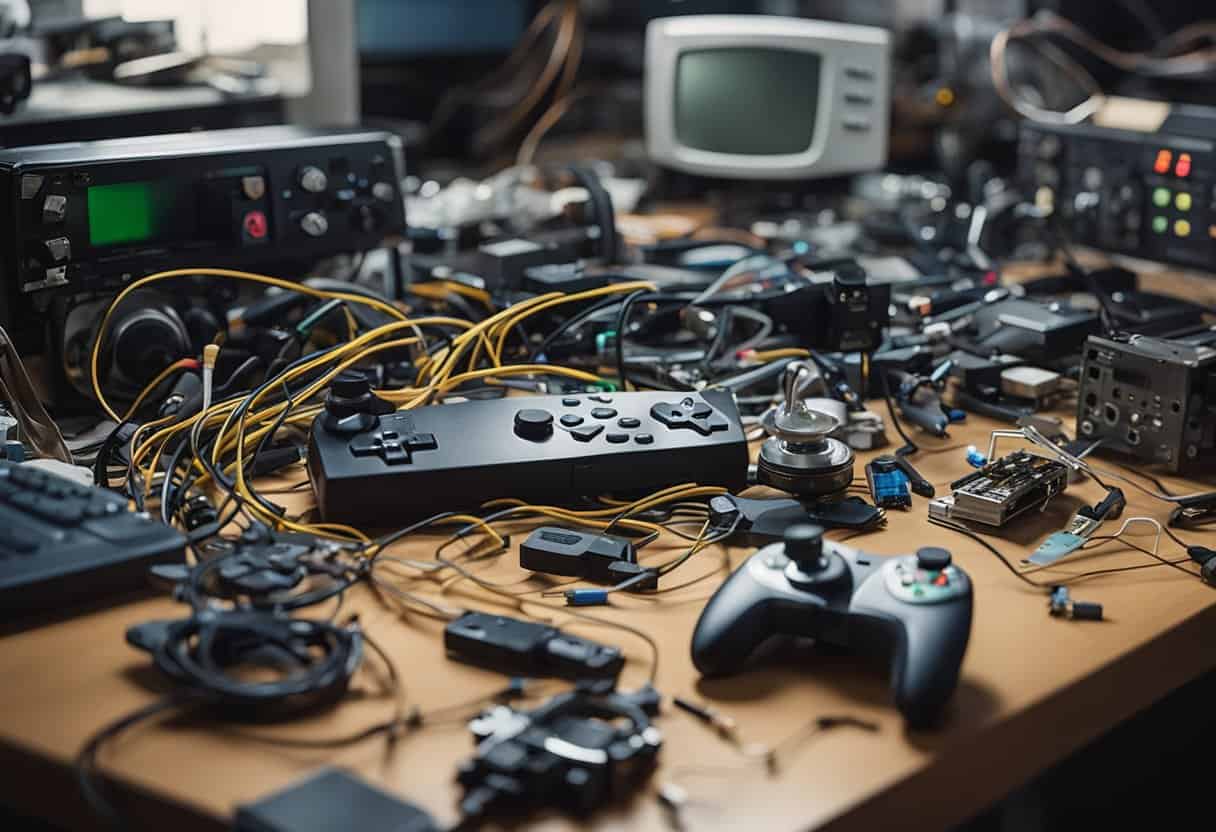 A broken controller lies on a cluttered desk, surrounded by scattered tools and tangled wires. A puzzled technician examines it closely, pondering the cause of its frequent malfunctions
