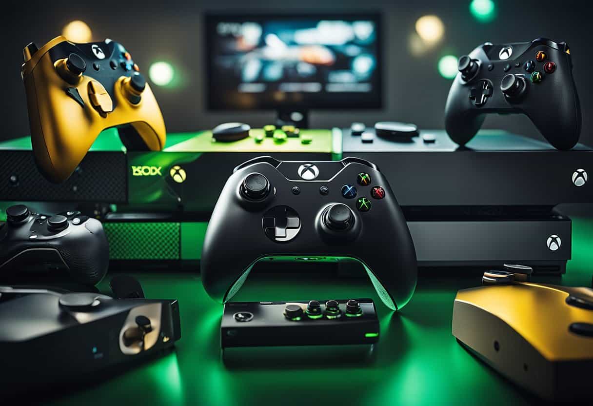 Xbox consoles connected with various accessories in a neat arrangement