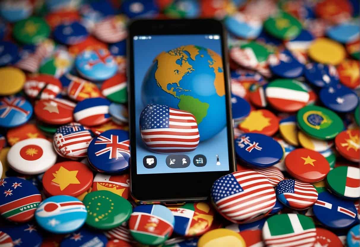 A globe surrounded by various flags, a shield with a checkmark, and a mobile device displaying "iOS 17.4" with a thumbs-up icon