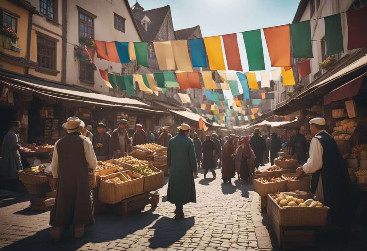 A bustling market square in Baldur's Gate, with merchants hawking their wares and colorful banners fluttering in the breeze