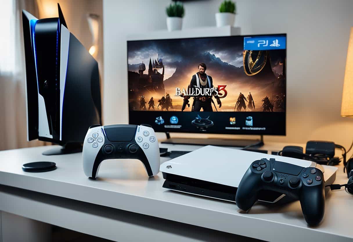 A PS5 console with the Baldur's Gate 3 game displayed on the screen, surrounded by various compatible platforms and accessories