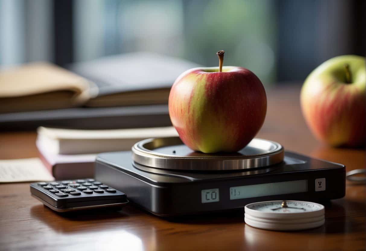 An apple sits on a scale, surrounded by legal documents and tax forms. A dollar sign hovers above, representing savings