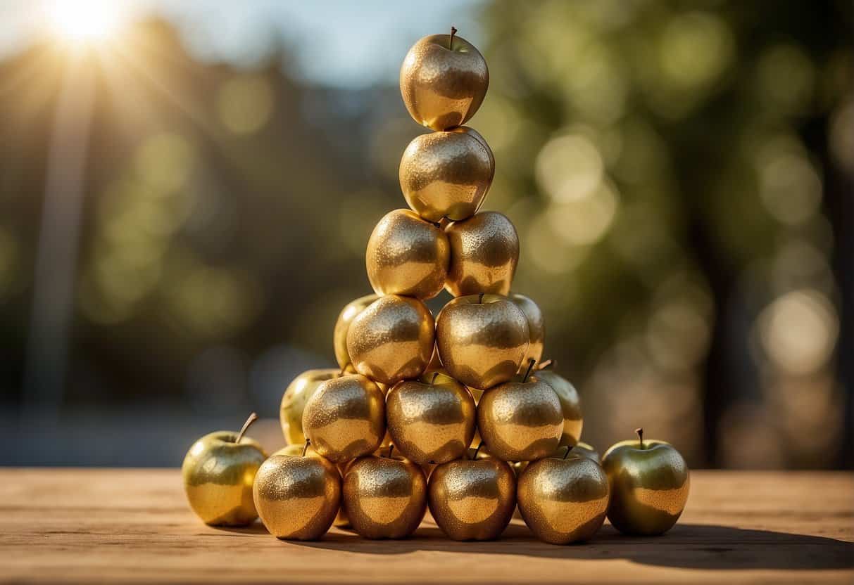 A stack of golden apples arranged in a pyramid, with a dollar sign engraved on each one, symbolizing strategic financial planning and savings