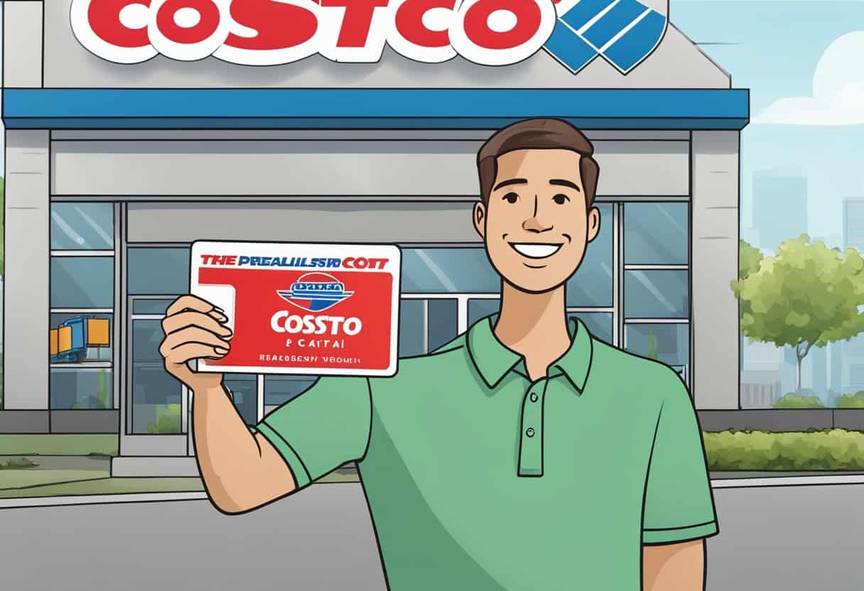A person holding a Costco membership card and smiling while standing in front of a sign advertising a special deal