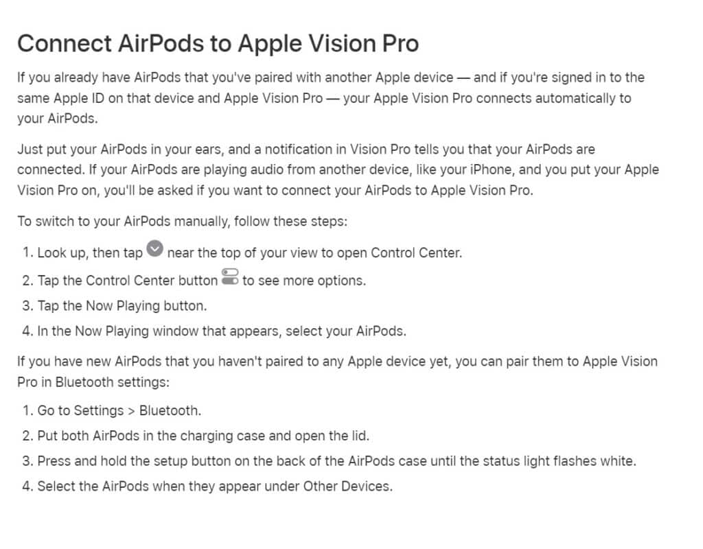 Apple Instructions for Connecting Airpods to Apple Vision Pro