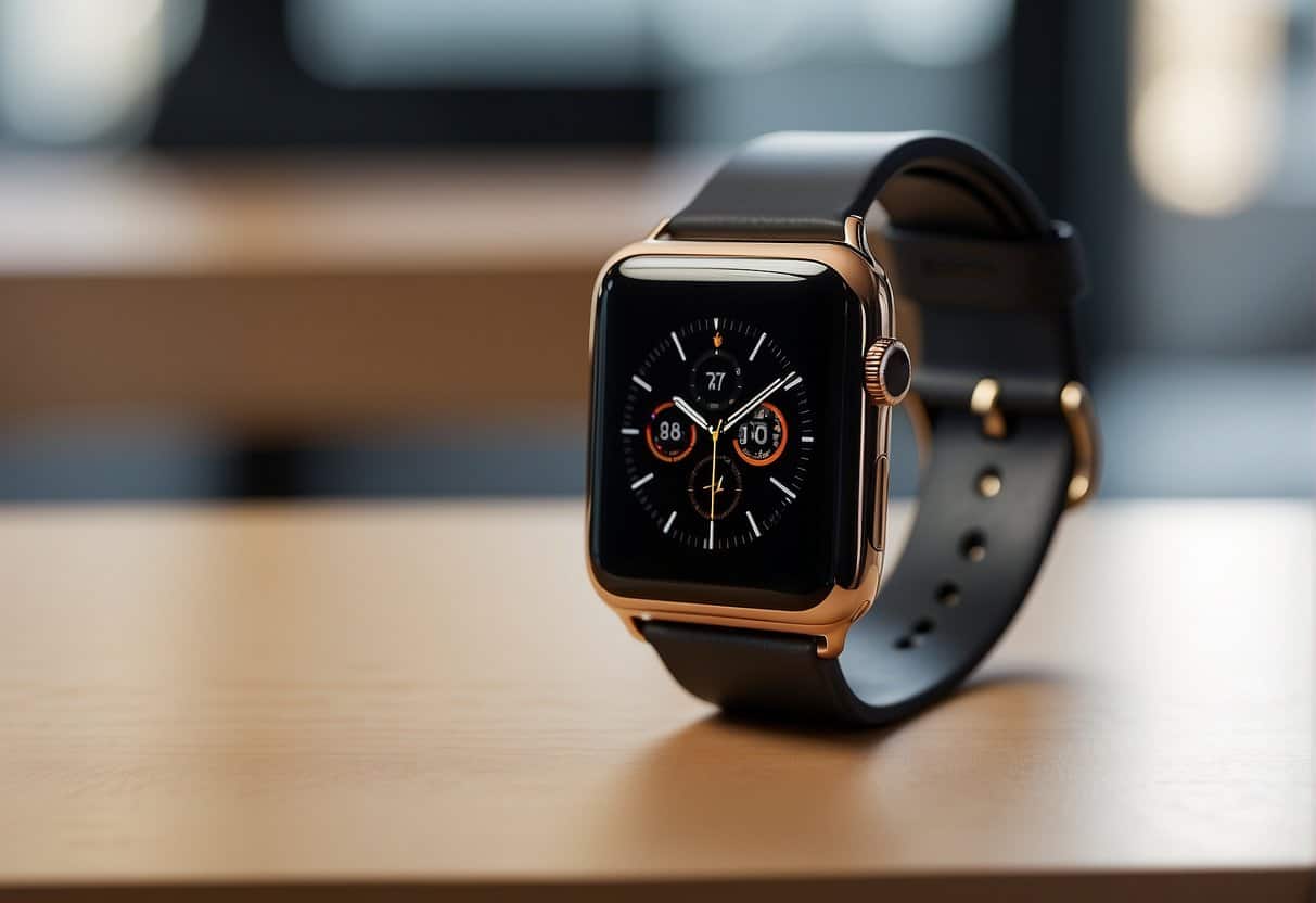 A sleek and modern Apple Watch sits on a clean, minimalist desk with a soft, natural light illuminating its polished surface. The attention to detail in its design and build quality is evident, with its smooth curves and high-quality materials