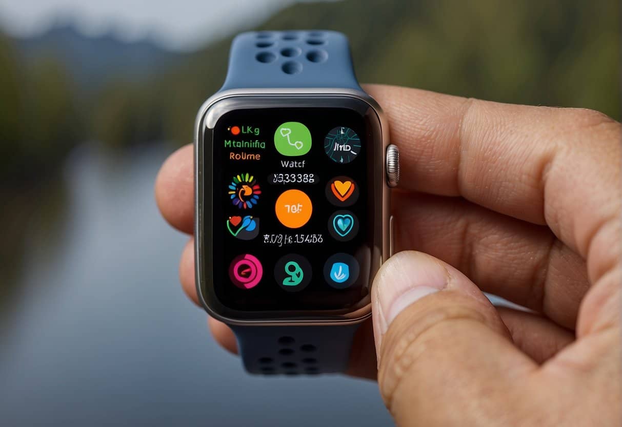 A hand holding an Apple Watch, with icons displaying various features such as heart rate monitoring, GPS tracking, water resistance, and app notifications