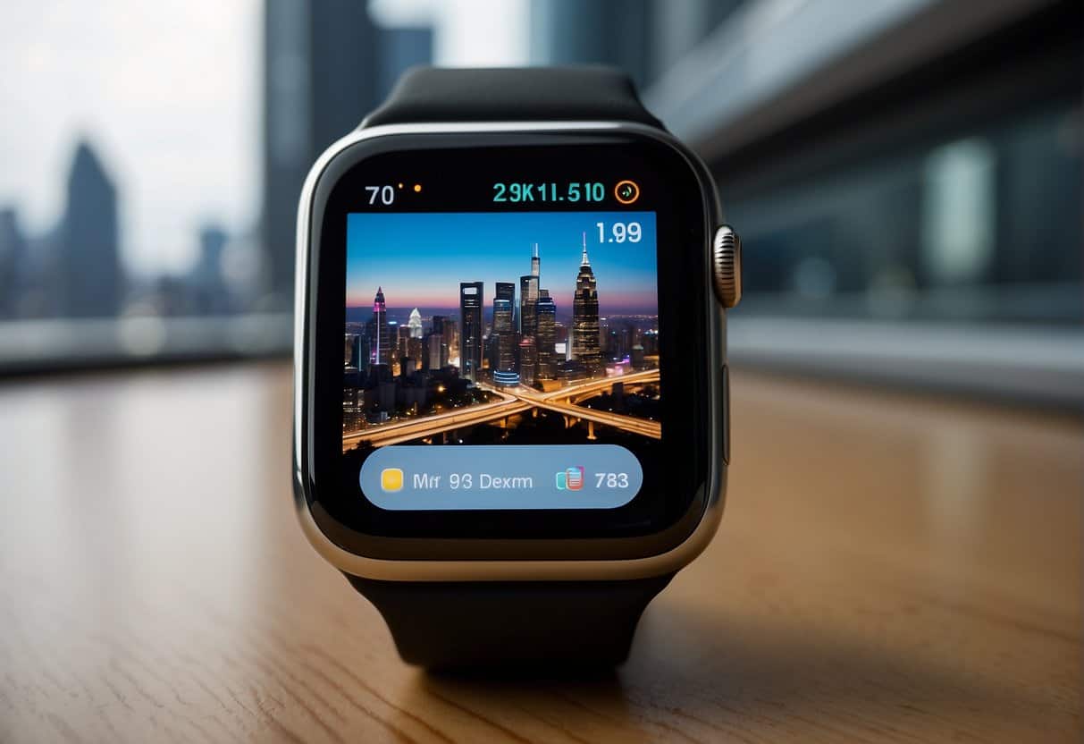 A sleek Apple Watch sits on a modern desk, displaying various futuristic features on its vibrant screen. Surrounding it are high-tech gadgets and a futuristic city skyline in the background