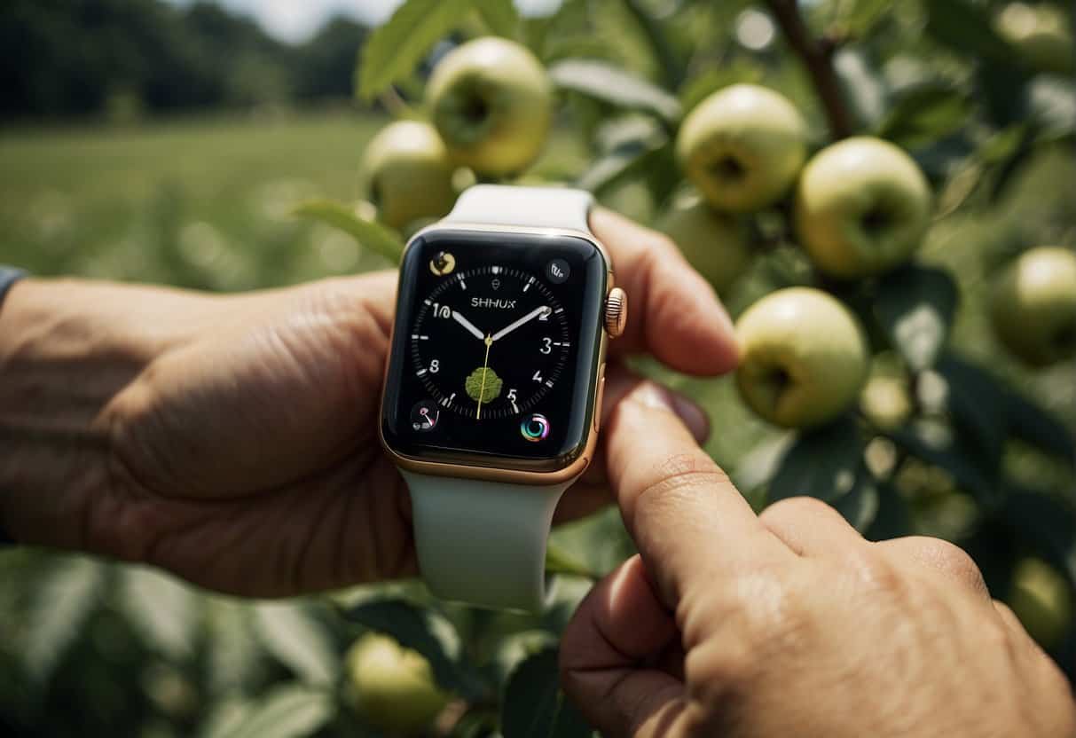 A lush orchard with sustainable farming practices, workers using eco-friendly tools, and ethically sourced materials for the Apple Watch