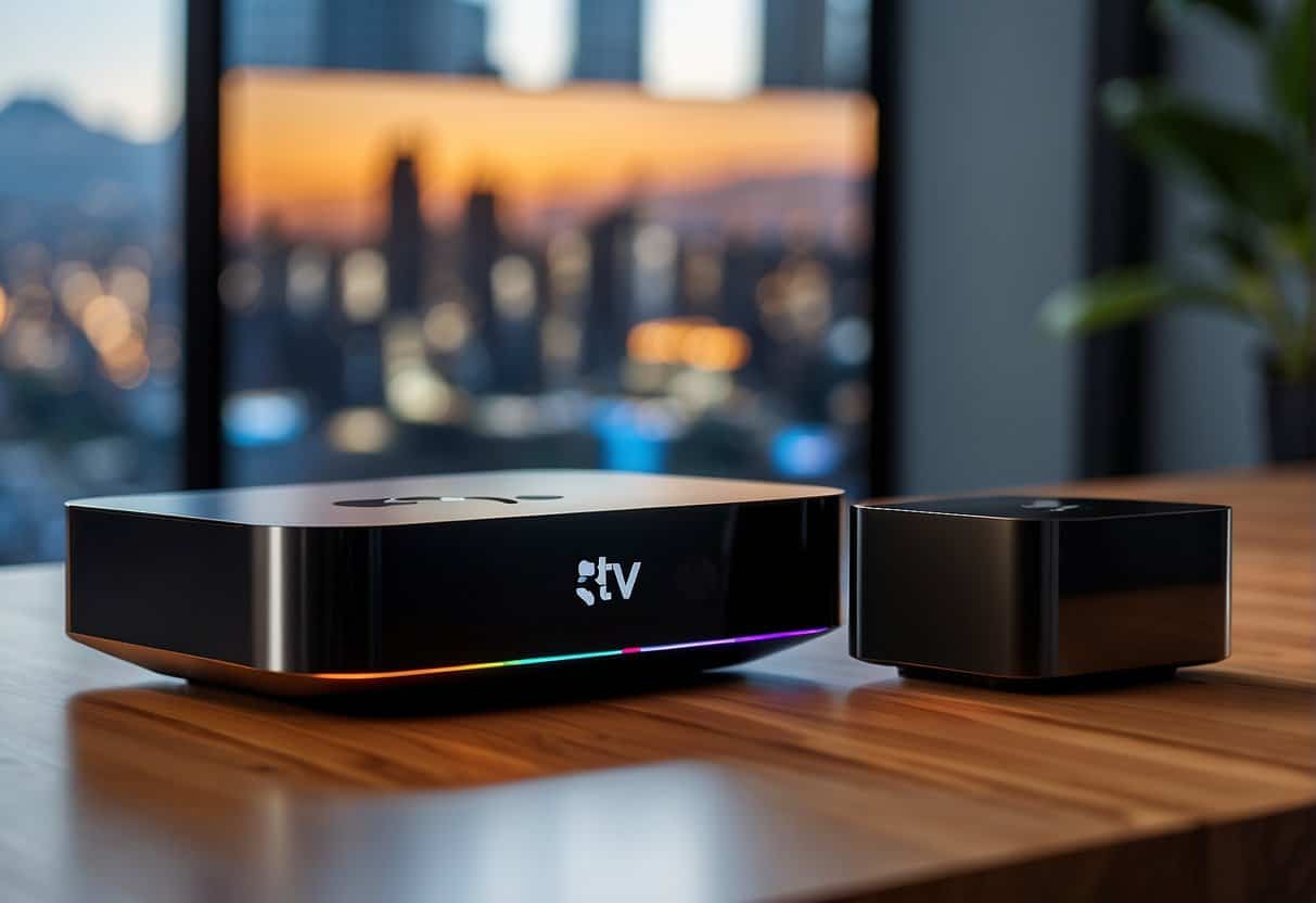 A sleek Apple TV box sits on a modern entertainment center, with a vibrant screen displaying the latest update and additional offerings