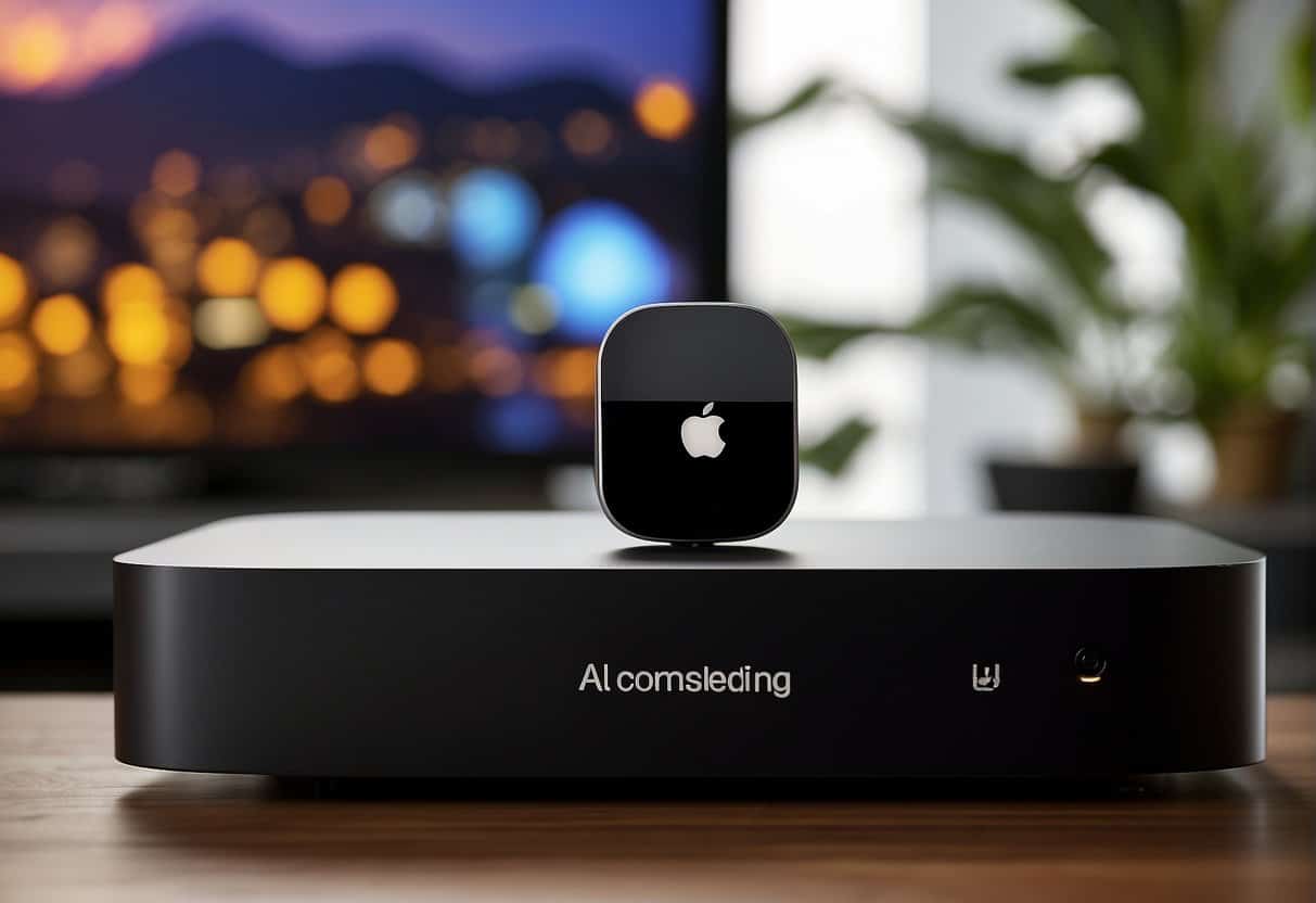 An Apple TV box sits on a sleek, modern entertainment unit. The TV screen displays a vibrant interface with the words "Considering Alternative Platforms" prominently featured