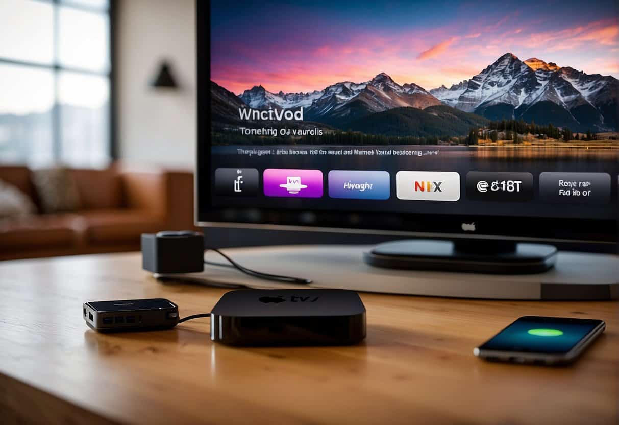 An Apple TV is connected to various devices, including a smartphone, tablet, and laptop, all displaying the "Device Compatibility and Support" update prompt