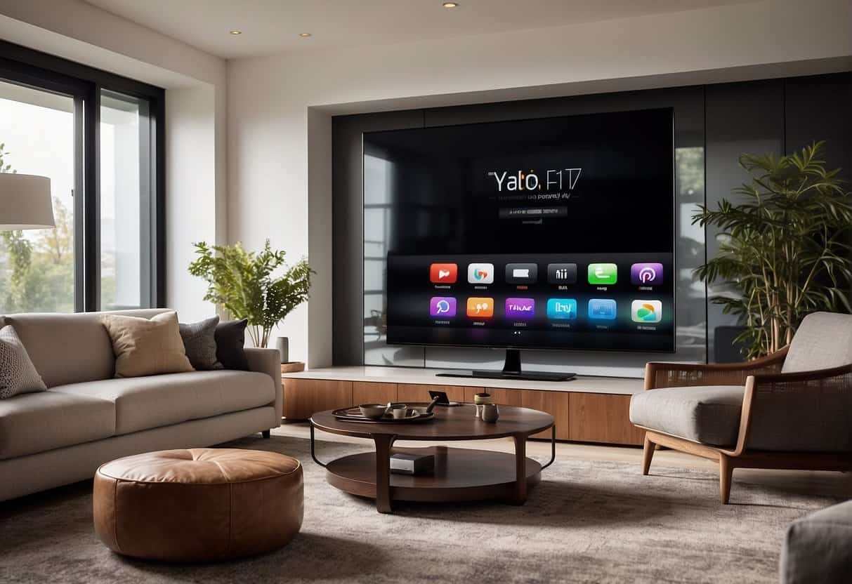 A modern living room with Apple TV on a sleek entertainment center, surrounded by smart home devices and integrated technology