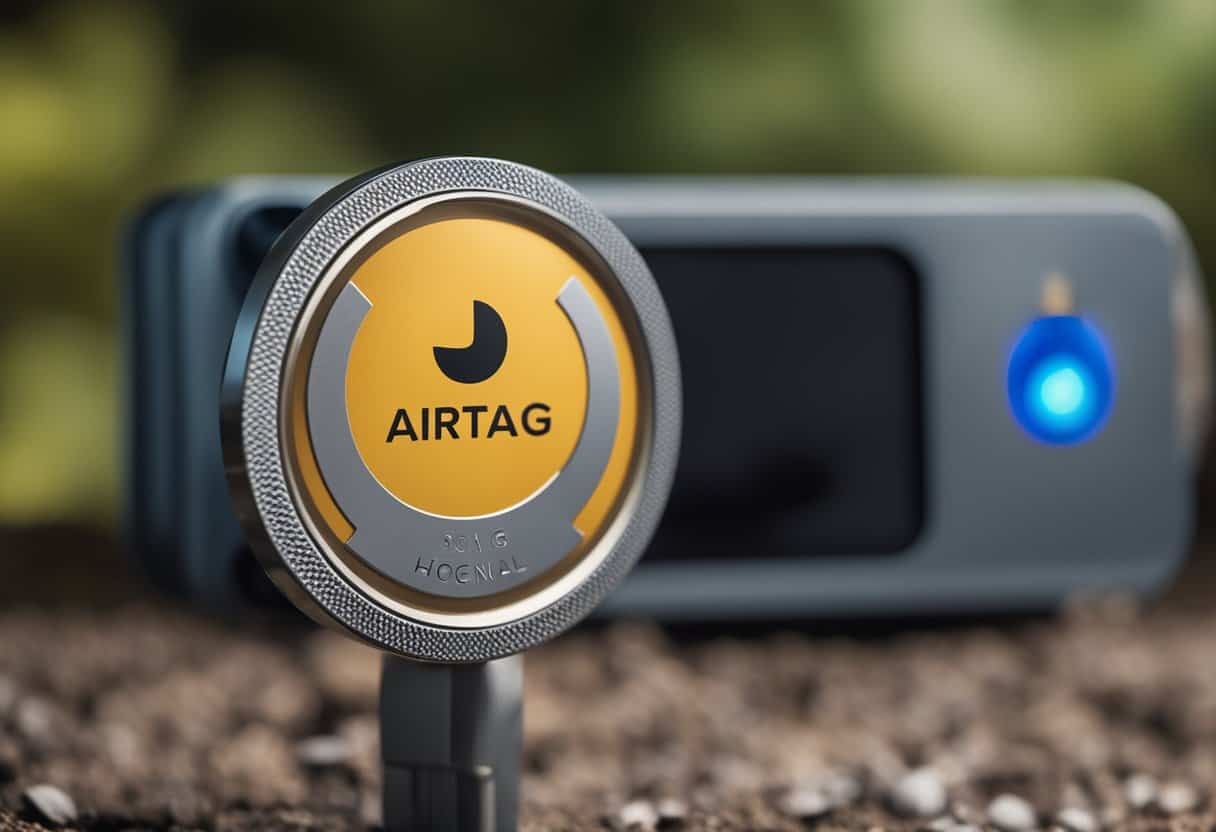 An AirTag hovers near a lost item, emitting a signal. The item remains out of reach, frustrating the user