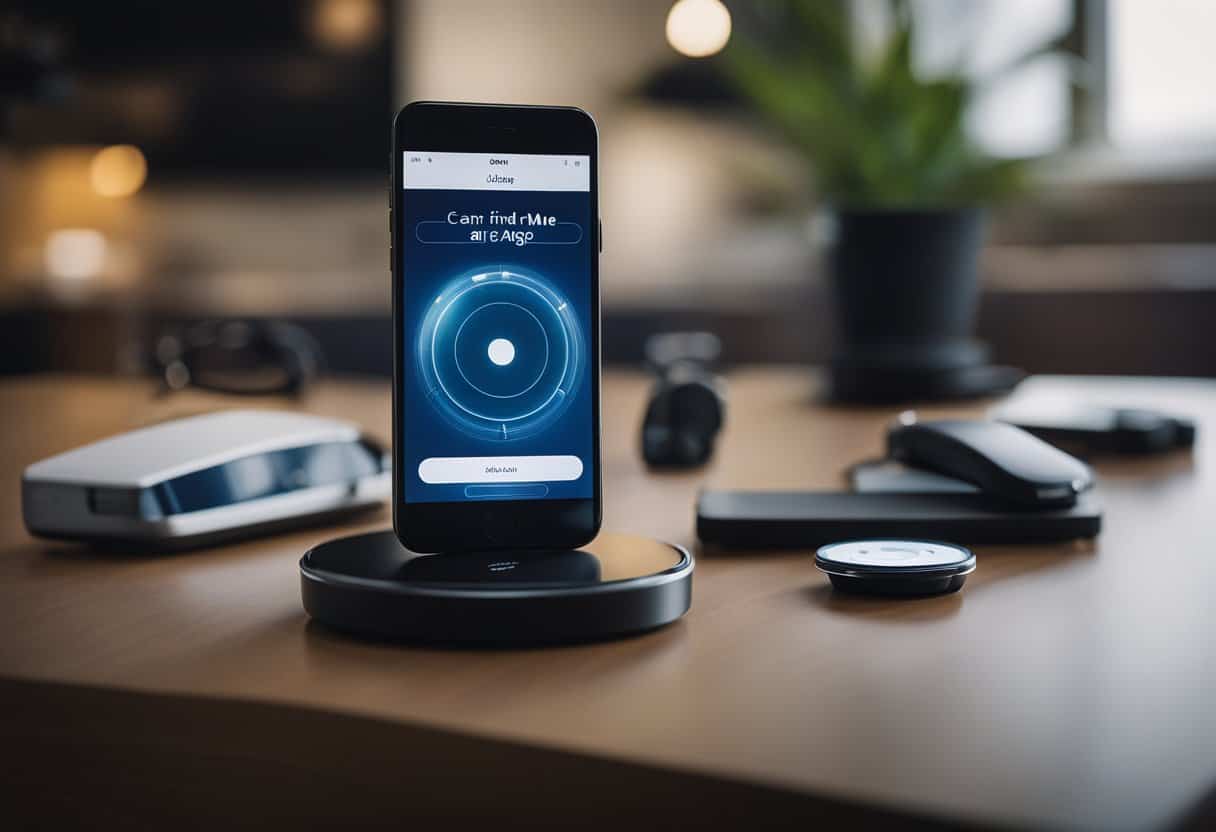 An AirTag sits alone on a table, surrounded by various electronic devices. The screen of a smartphone displays a message: "Can't find AirTag near me."