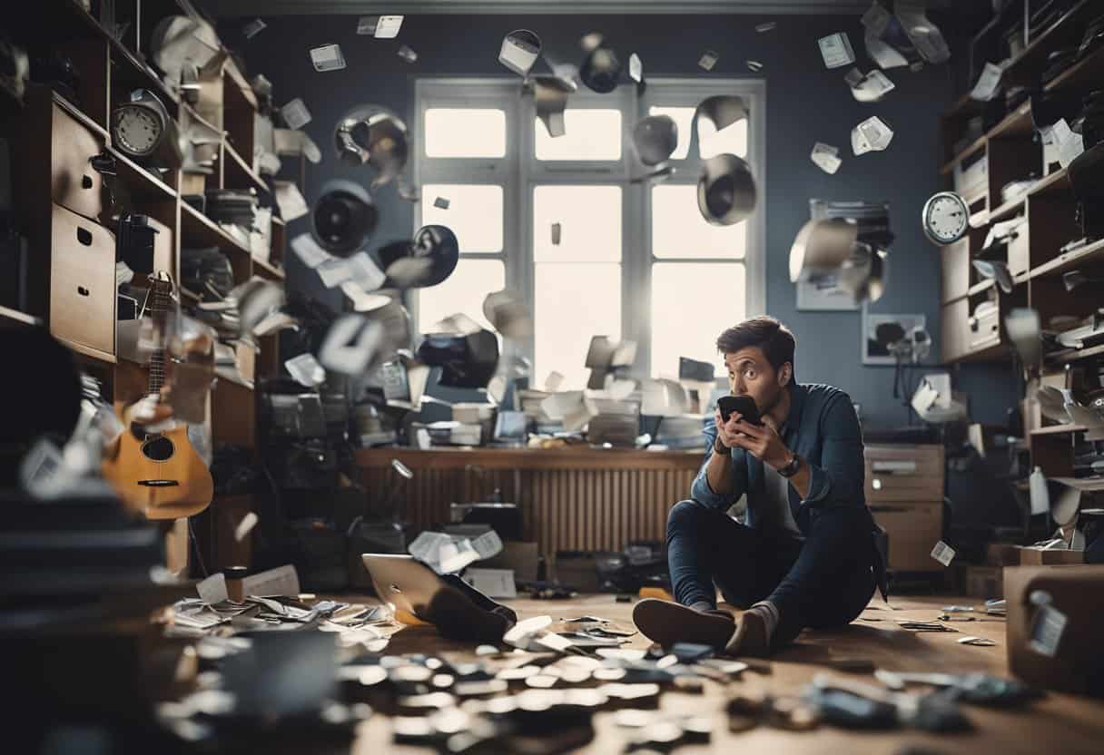 A frustrated person searching for an Airtag in a cluttered room, with a puzzled expression and a smartphone in hand