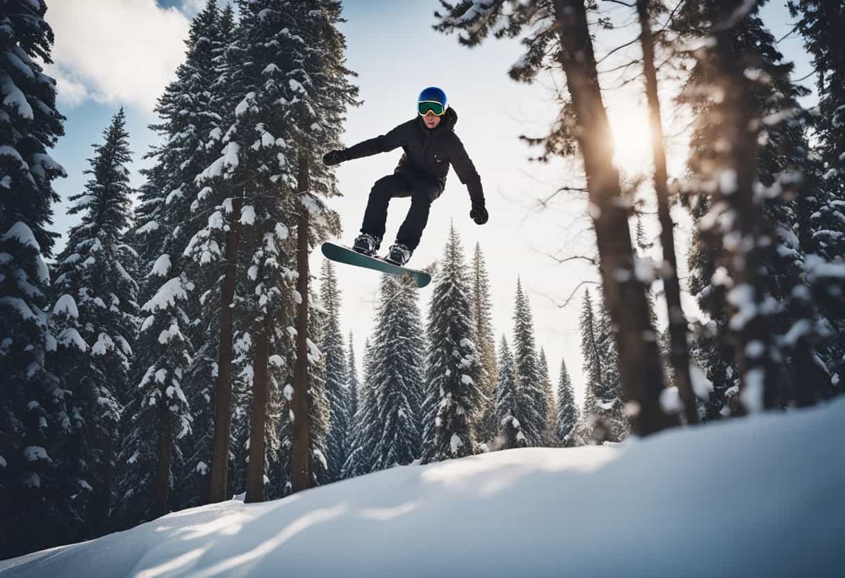 Snowboarder catching air off a jump, board angled upward, snow flying, trees in background
