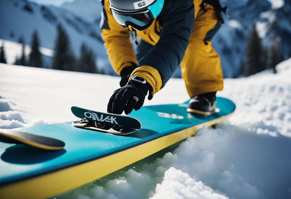 A snowboarder attaches an airtag to their board before hitting the slopes