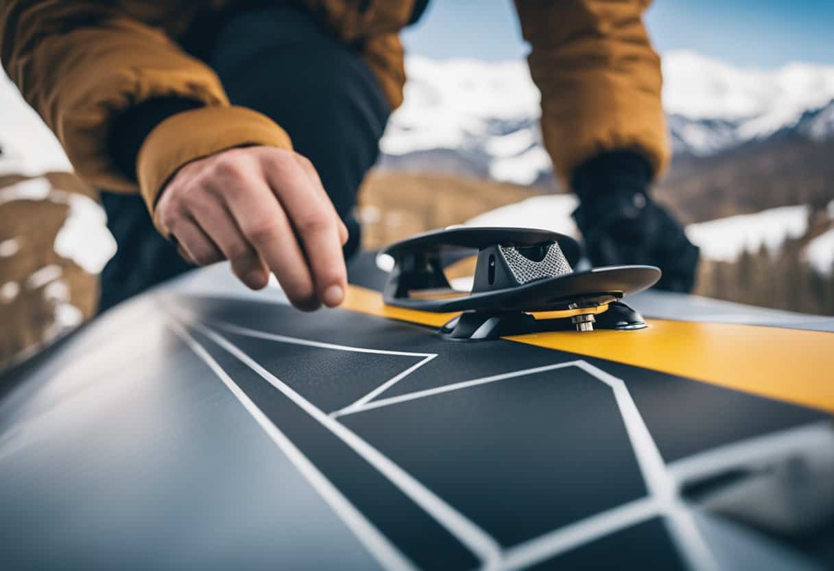 A snowboarder attaches an airtag to their board for technology integration