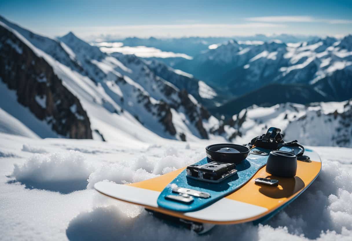 A snowboard with attached airtag and various accessories lying on a snowy mountain slope