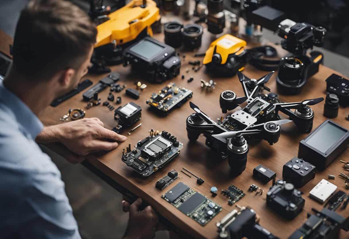 A drone hovers over a workbench, its camera detached. Tools and spare parts are scattered around, with a technician carefully inspecting and repairing the camera module