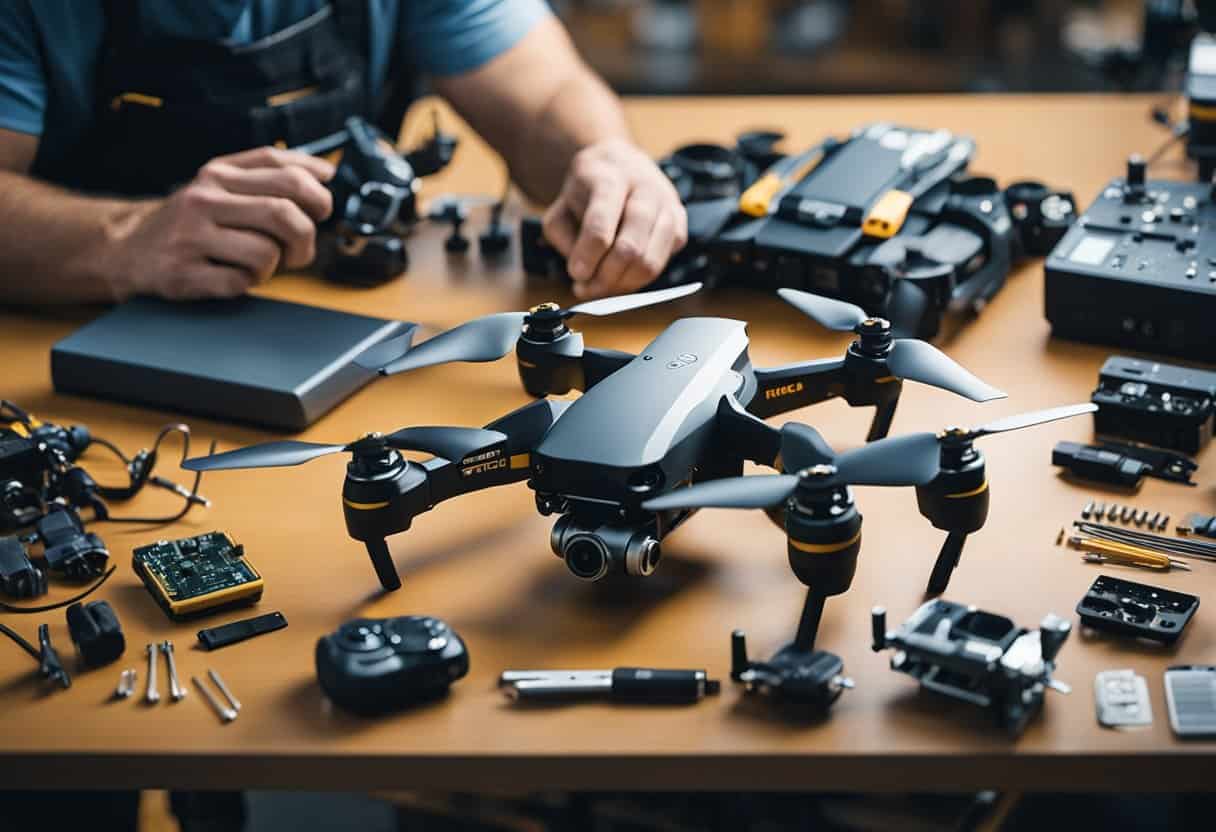 A technician repairing a drone camera with tools and equipment spread out on a workbench