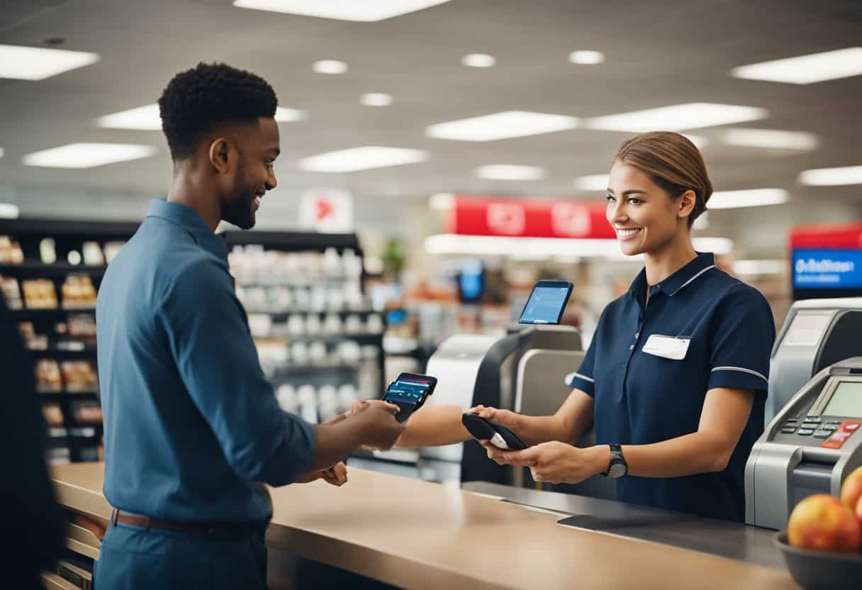 A CVS cashier accepts an Apple Pay transaction, while a customer holds their phone up to the payment terminal