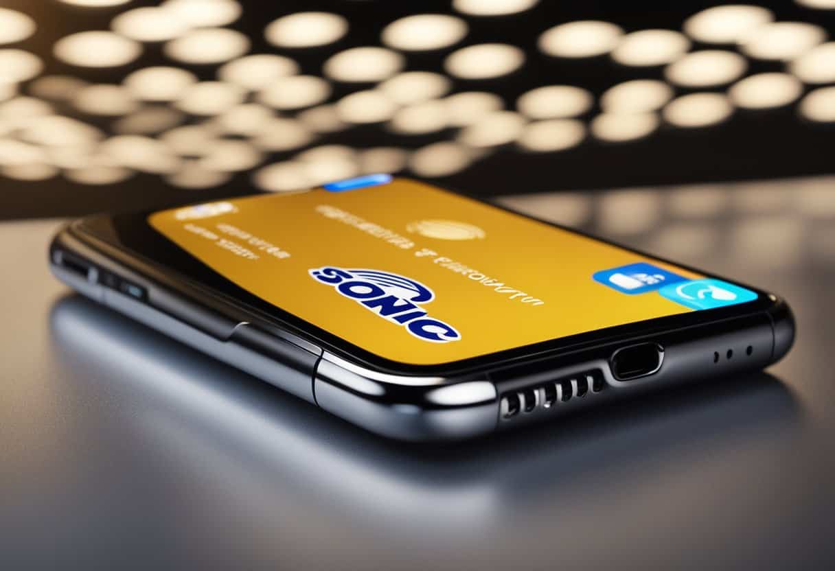 A smartphone with a Sonic logo displayed on the screen, while the Apple Pay logo appears as an option for payment