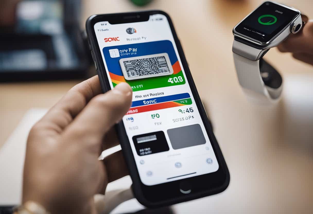 A hand holding an iPhone with an Apple Pay screen, while a Sonic rewards card is being scanned at the register