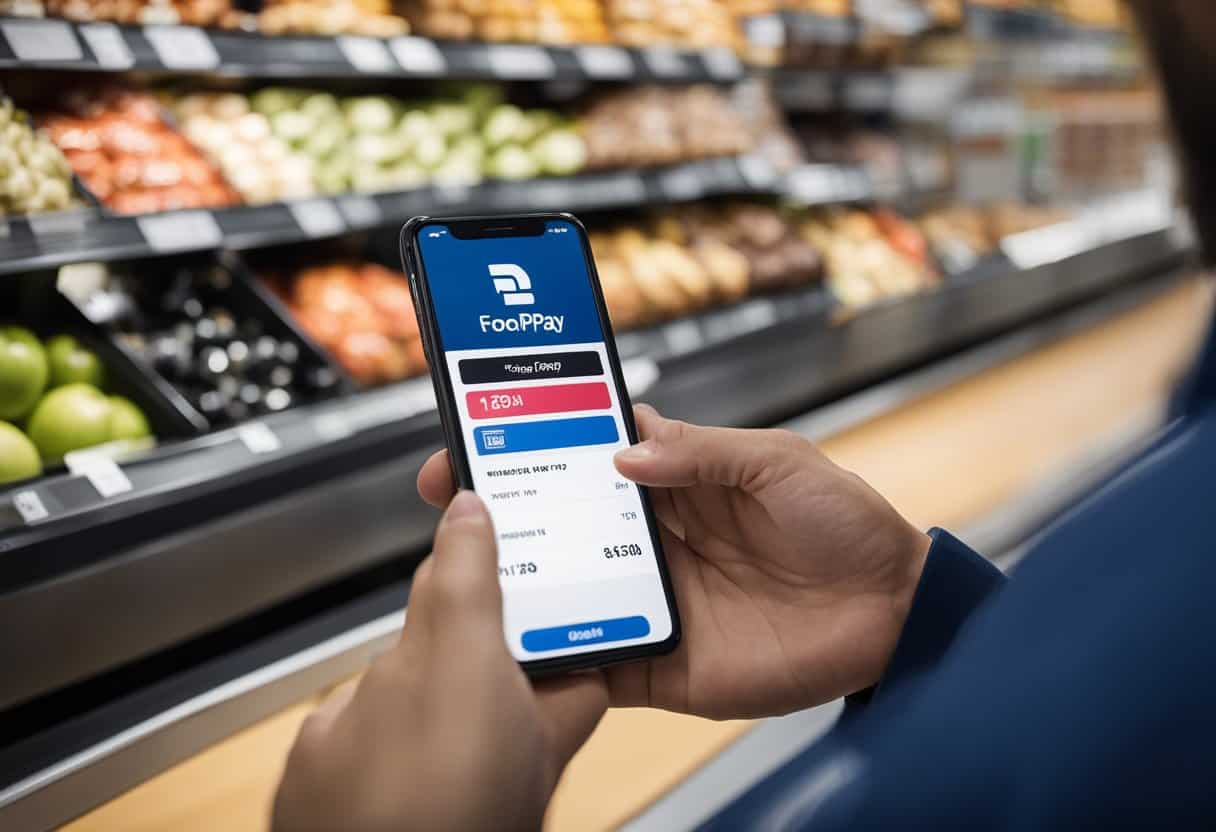 A customer holds a smartphone near the payment terminal at a Food Lion store, with the Apple Pay logo displayed on the screen