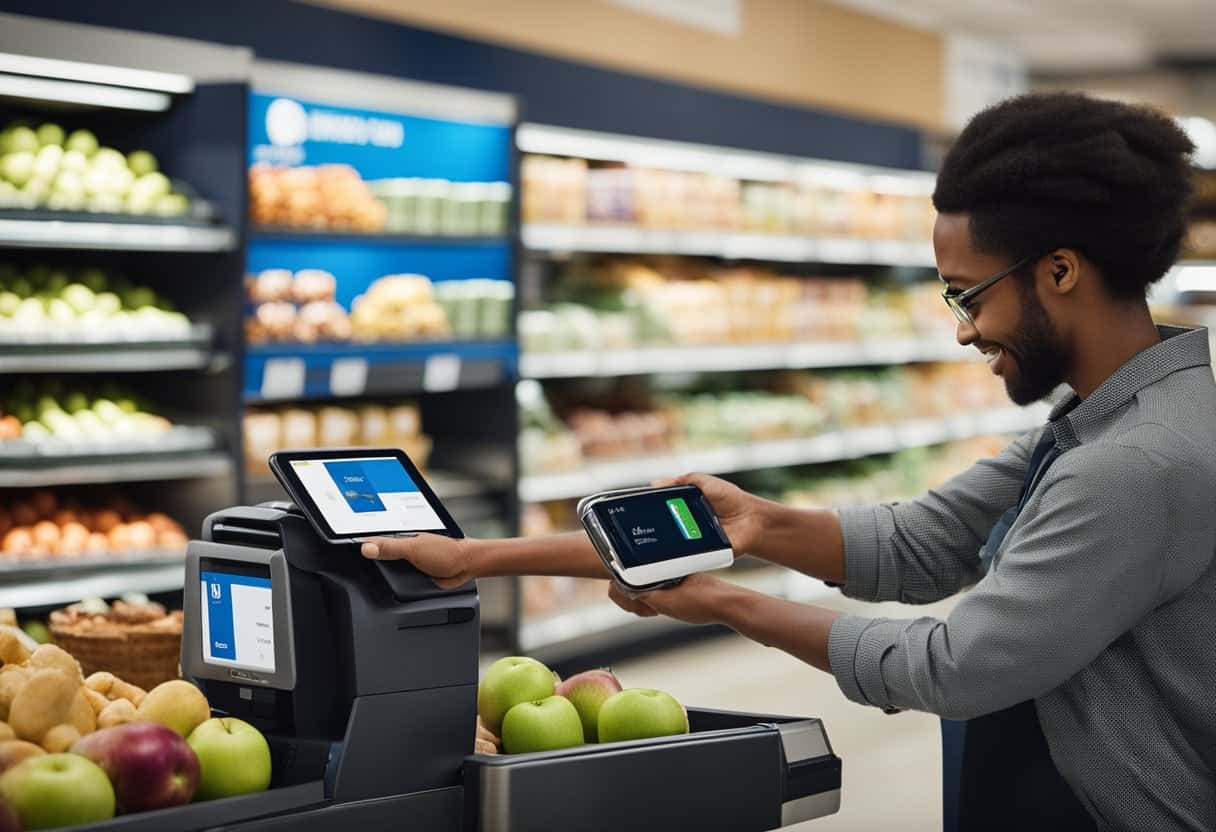 A customer uses Apple Pay at a Food Lion checkout, enjoying the convenience and benefits of the contactless payment method