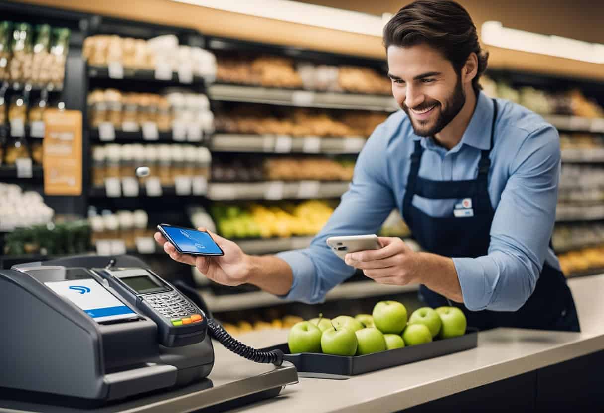 A customer holds a phone with an Apple Pay logo at a Food Lion checkout counter