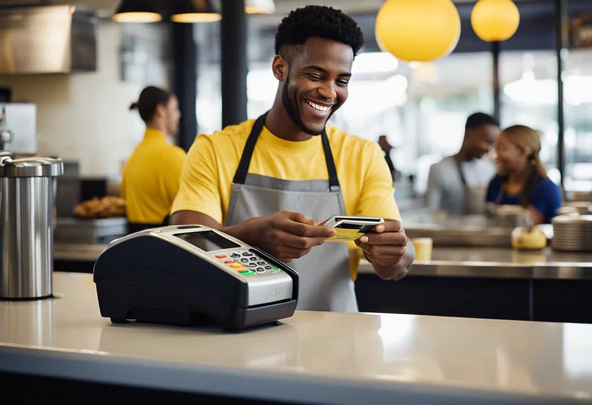 A customer uses Apple Pay at Waffle House, smiling as their transaction is quickly processed