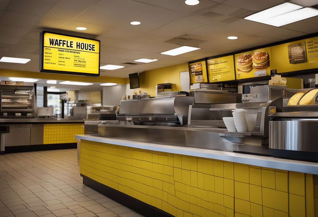 A Waffle House with a sign reading "Frequently Asked Questions: Does Waffle House take Apple Pay?" Customers inside and a cashier at the counter