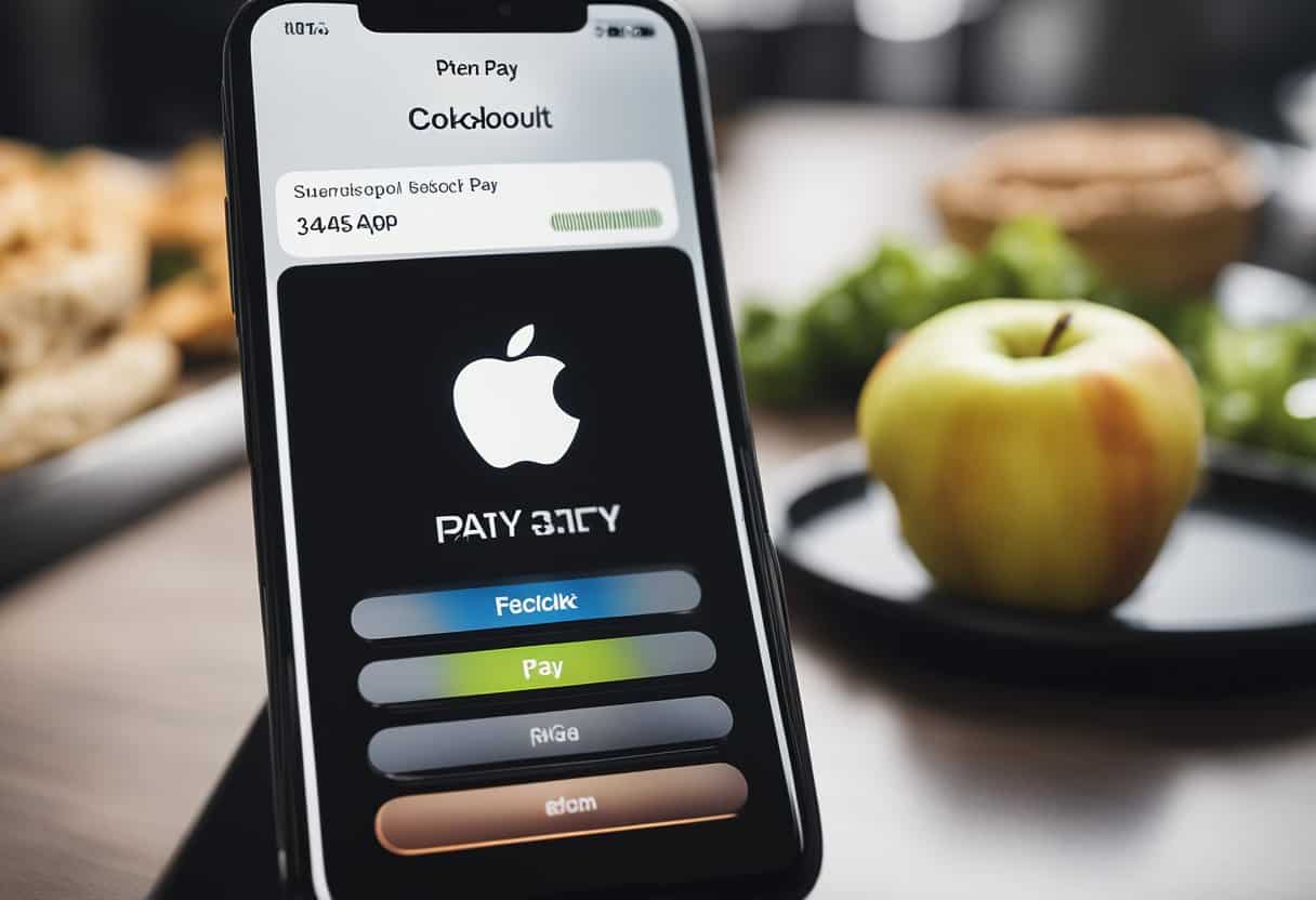 A smartphone with the Cookout app open, displaying the Apple Pay option, alongside a lock icon symbolizing security features