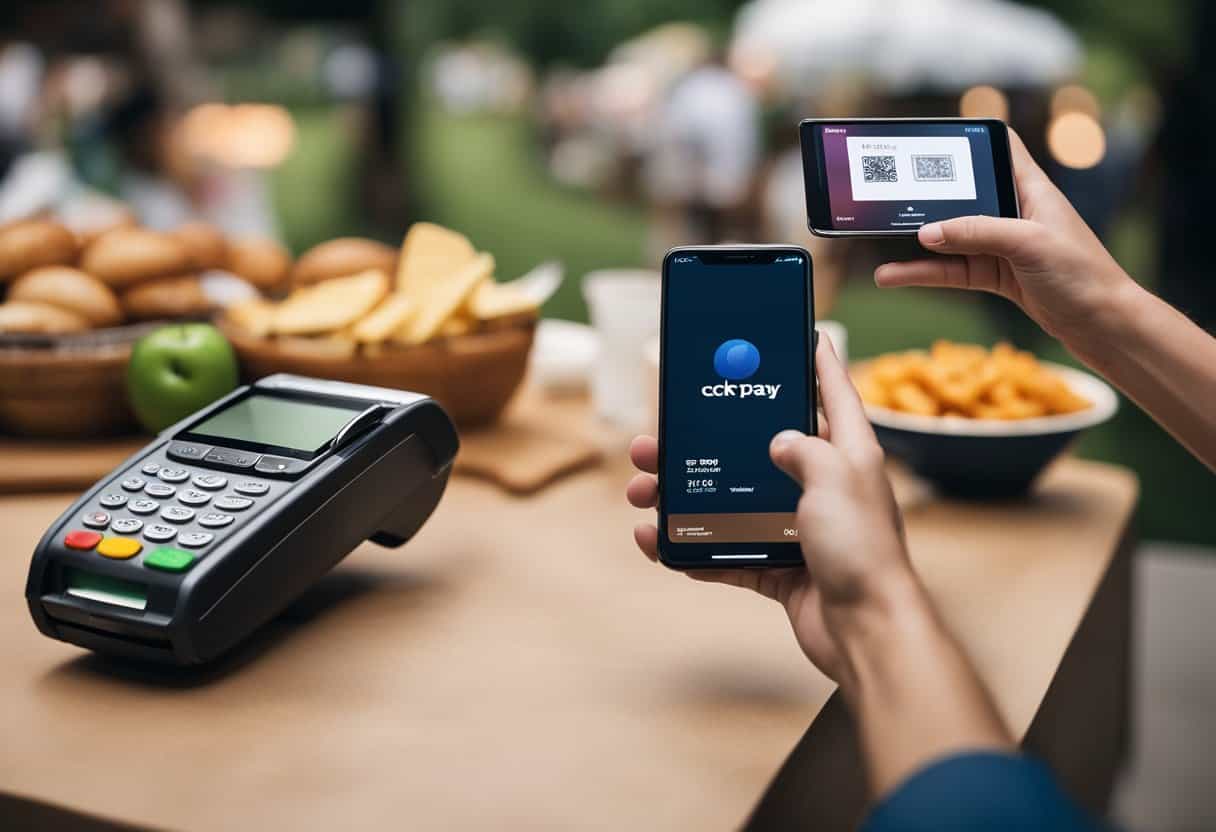 A customer holds a phone over a payment terminal at a cookout. The screen displays an Apple Pay transaction while the cashier waits