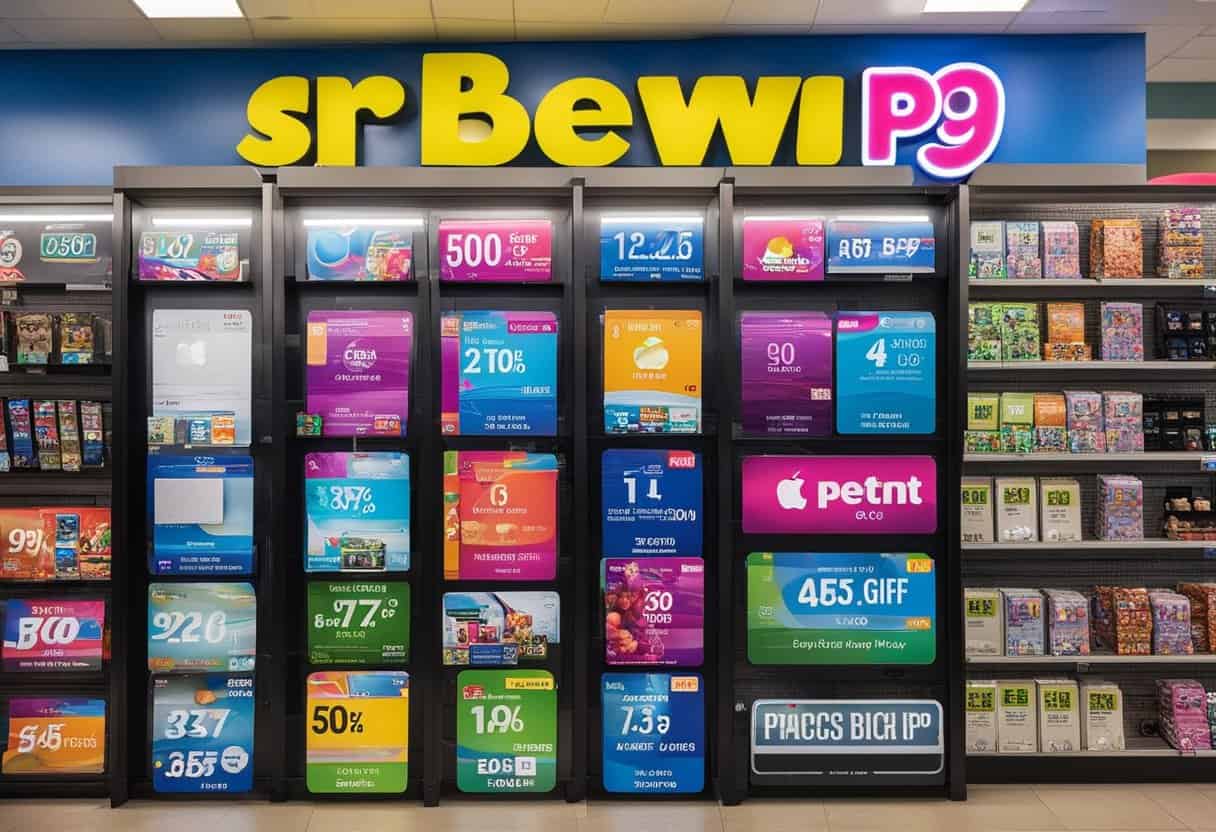 A digital and physical gift card display at Five Below, with a variety of designs and denominations. The display includes signage indicating acceptance of Apple Pay