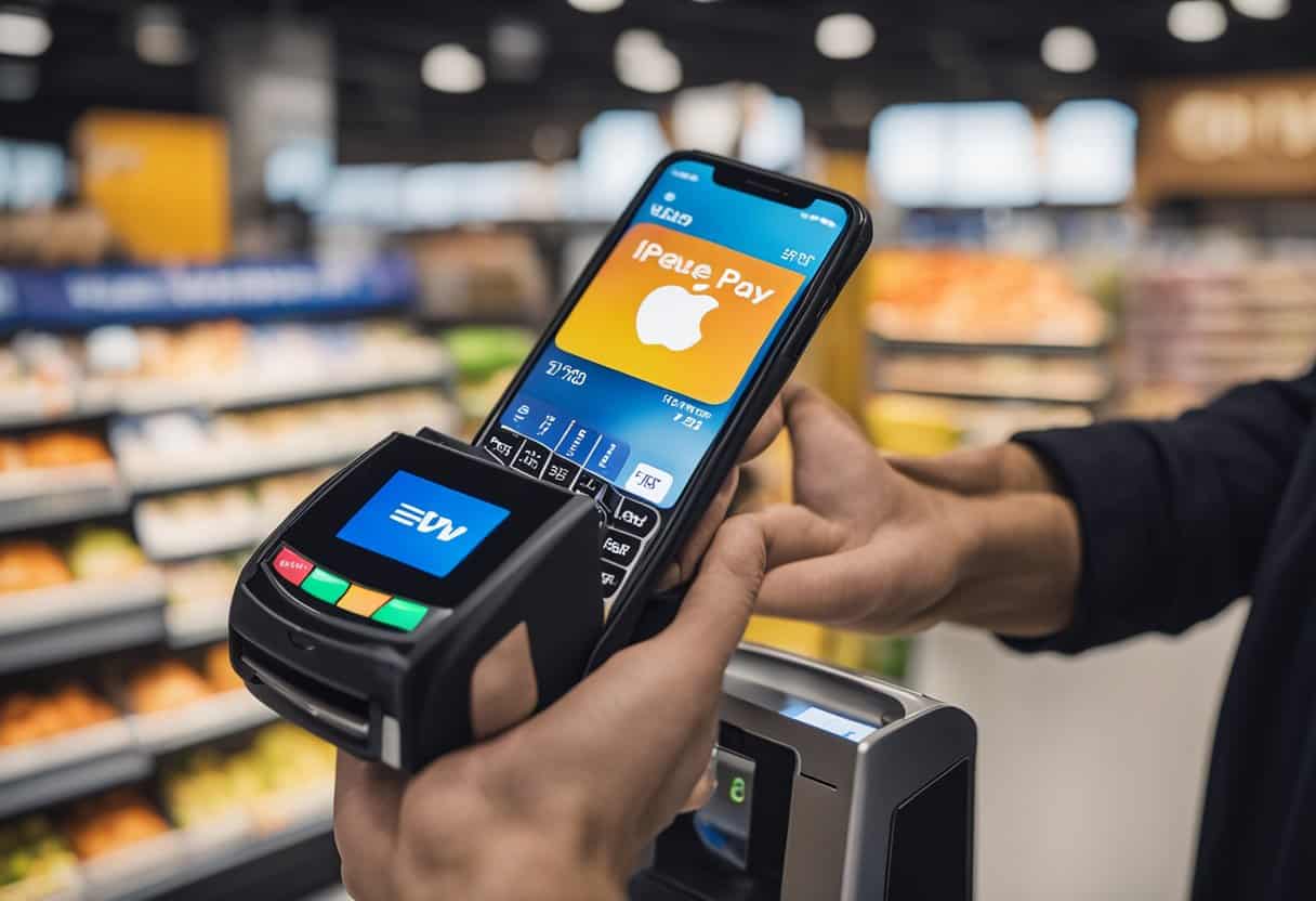 A customer holds an iPhone near the payment terminal at a 5 Below store, with the Apple Pay logo displayed on the screen