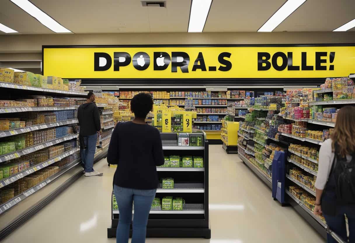 Customers browse aisles at Dollar General, selecting items and checking out at the register. The cashier accepts Apple Pay for payment