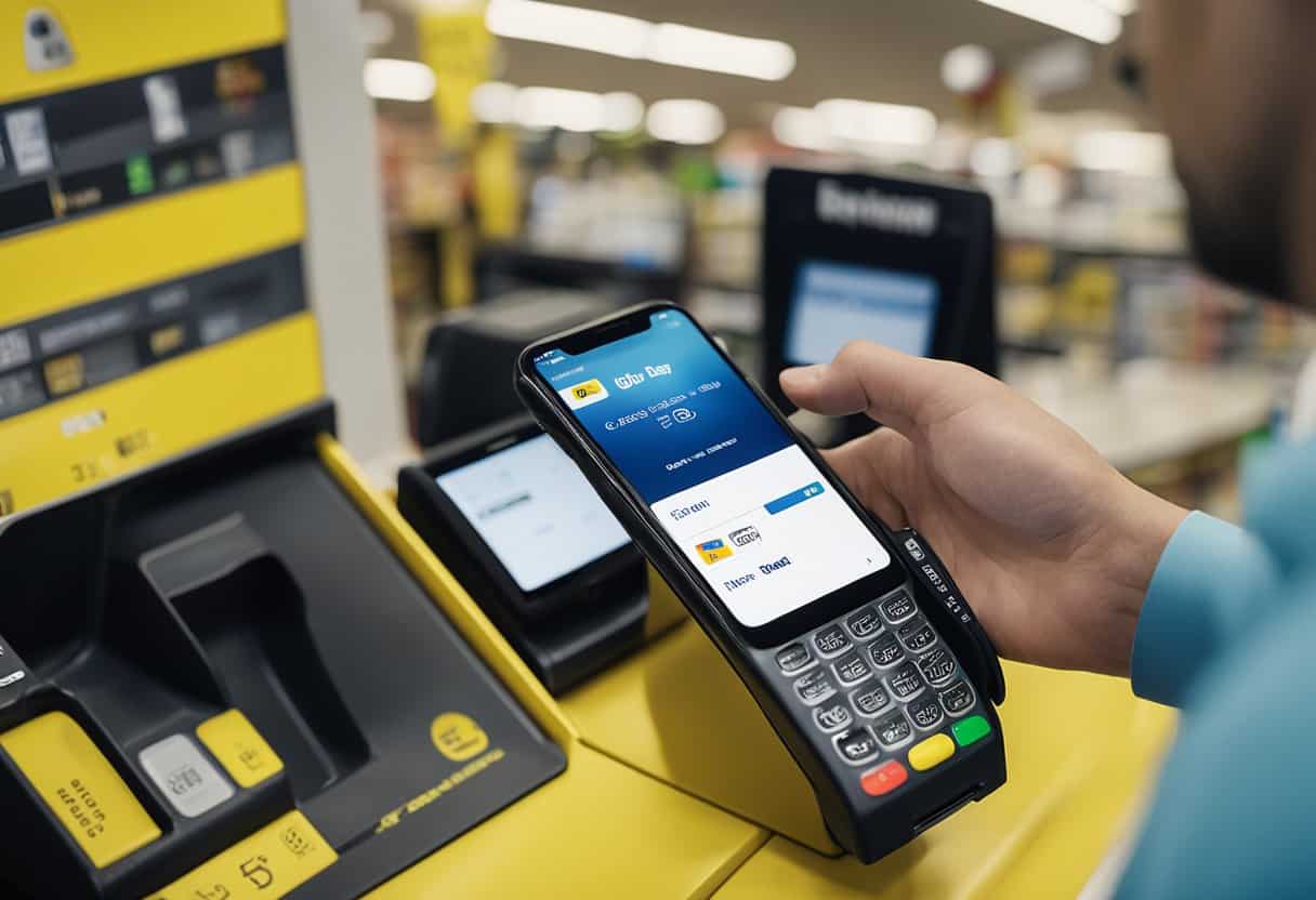A customer holds their phone near the payment terminal at a Dollar General store, with the Apple Pay logo visible on the screen