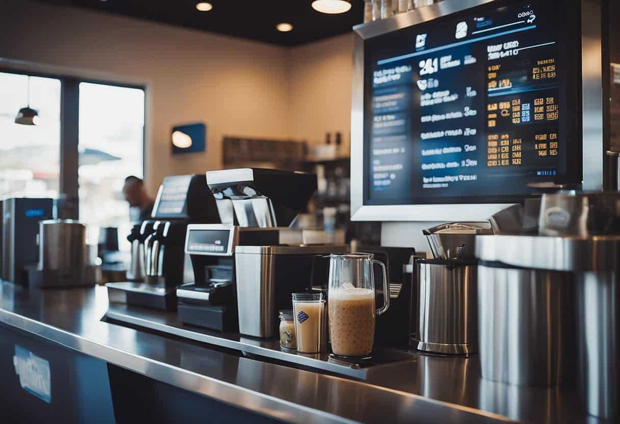 A Dutch Bros coffee shop with a sign asking if they accept Apple Pay, with a line of customers and a barista serving drinks