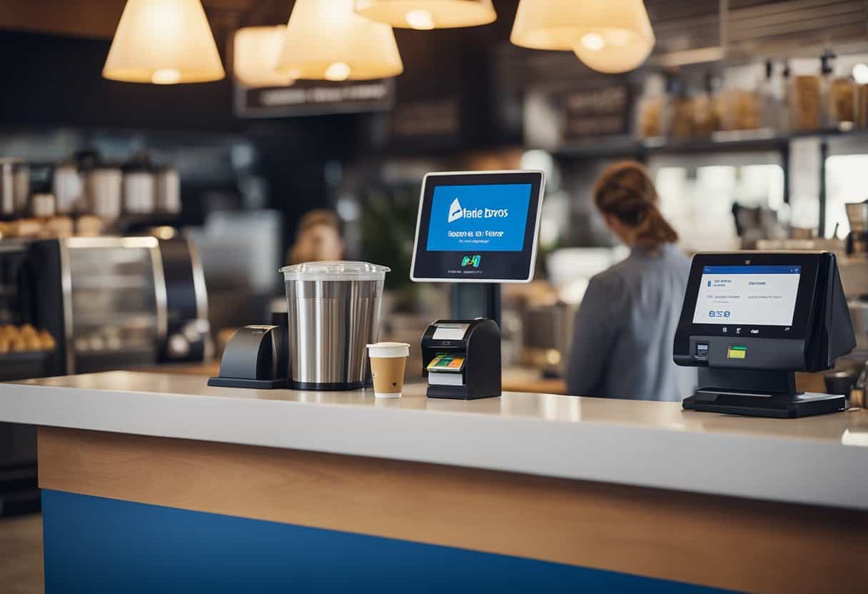 A Dutch Bros coffee shop with a sign "Accepting Apple Pay" at the register. Customers ordering drinks in the background
