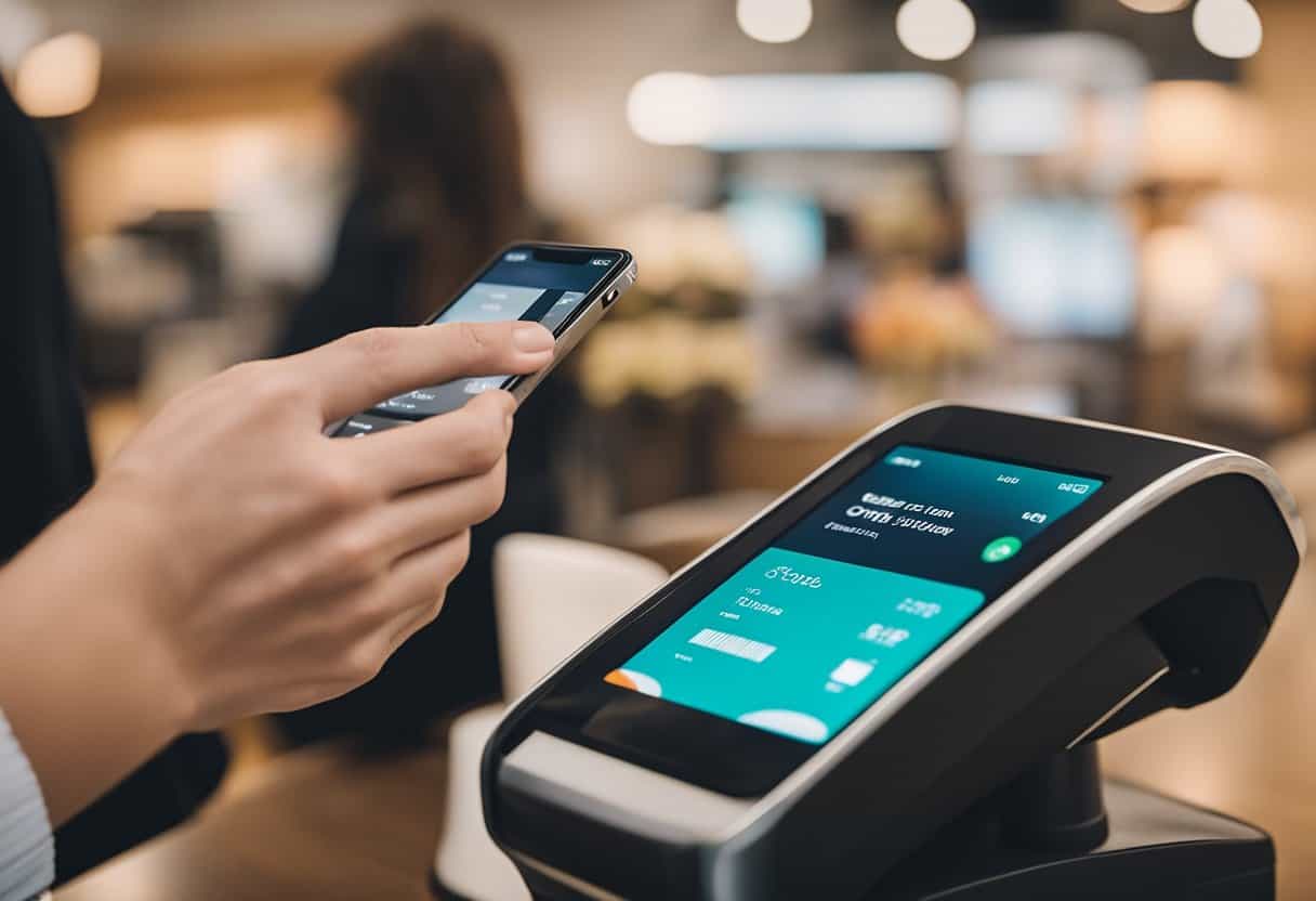 A customer holding an iPhone with the Kohl's app open, while tapping it against a contactless payment terminal