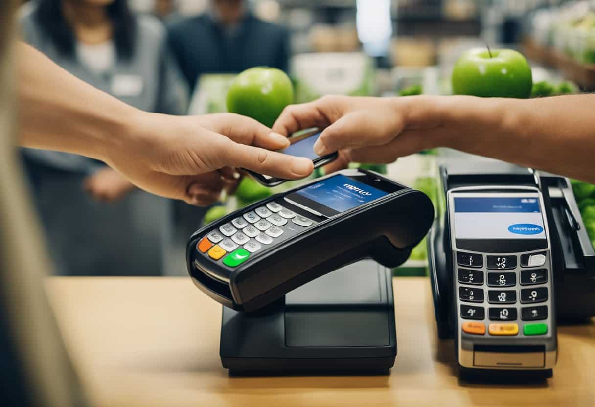 A cashier accepts Apple Pay at a Sprouts store, while a customer holds their phone to the payment terminal